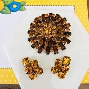 Vintage Amber & Brown Crystal Brooch & Matching Earrings Set